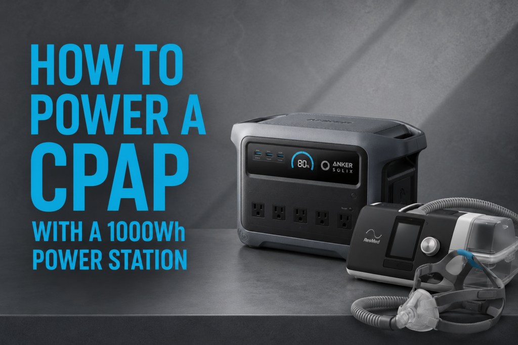 CPAP machine connected to a 1000Wh portable power station during a power outage