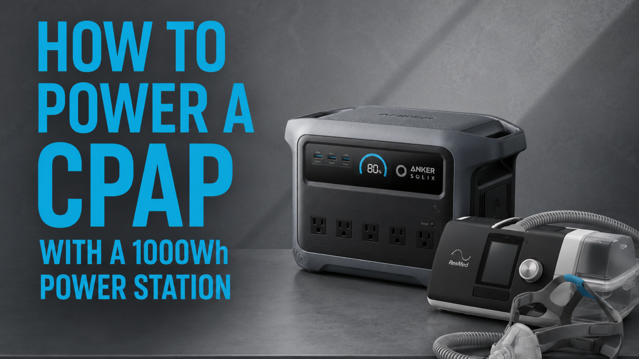 CPAP machine connected to a 1000Wh portable power station during a power outage