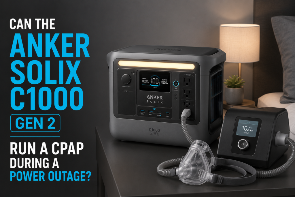 Anker SOLIX C1000 Gen 2 powering a ResMed AirSense 10 CPAP during a power outage