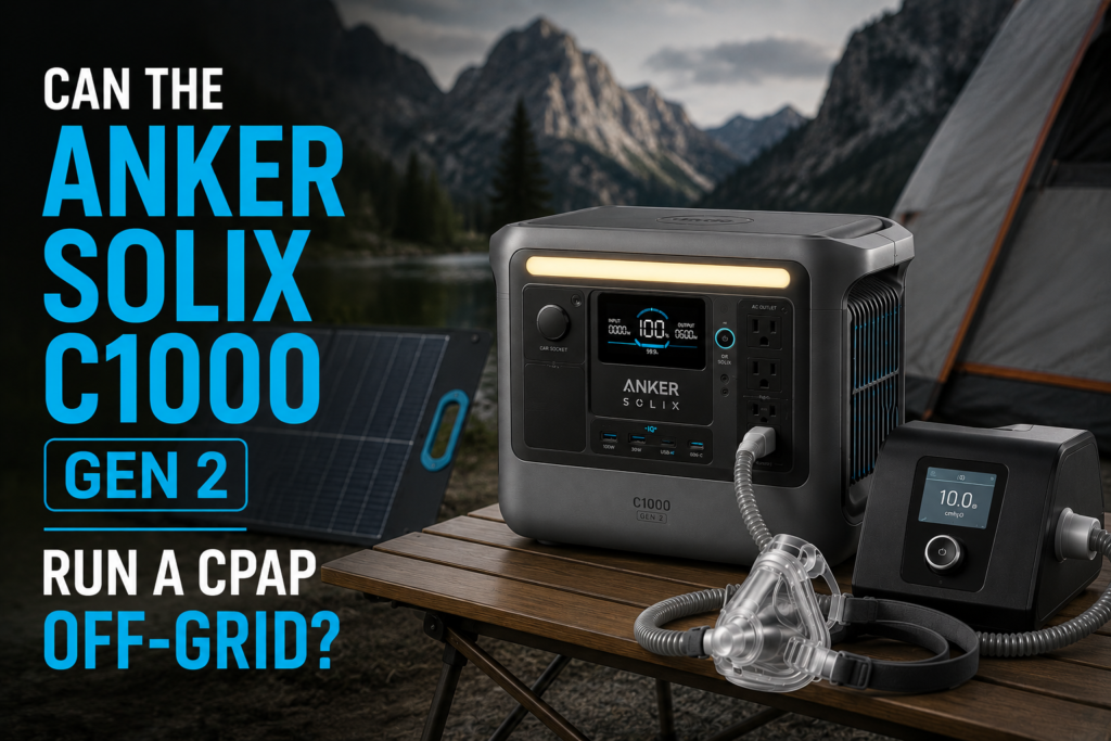 Anker SOLIX C1000 Gen 2 CPAP off-grid solar setup powering a ResMed AirSense 10