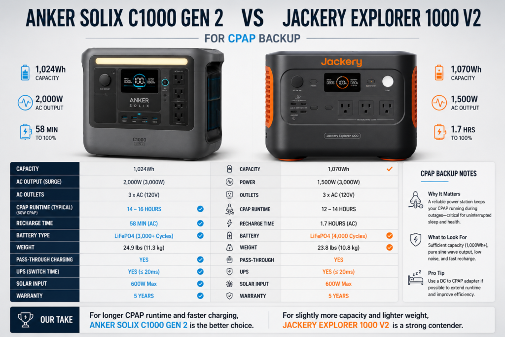 Anker SOLIX C1000 Gen 2 vs Jackery 1000 V2 for CPAP