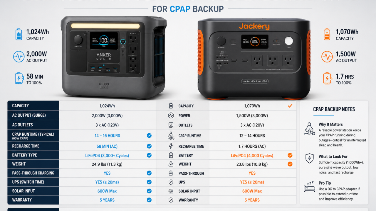 Anker SOLIX C1000 Gen 2 vs Jackery 1000 V2 for CPAP