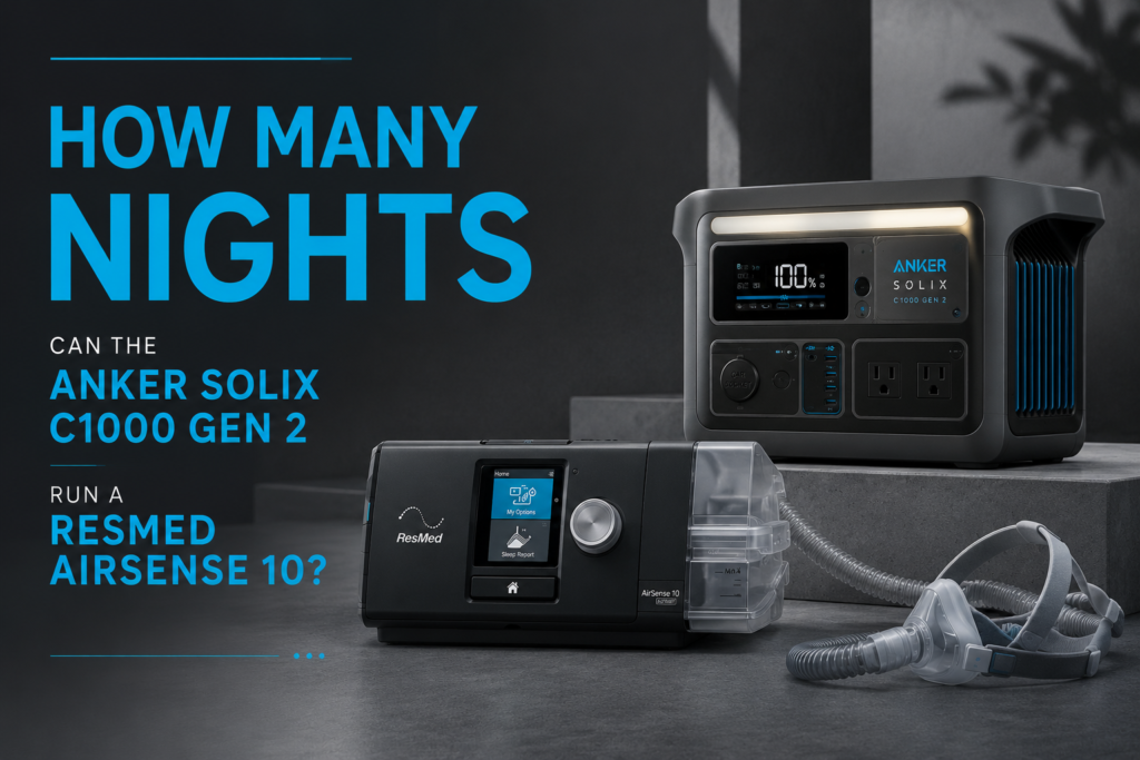 Anker SOLIX C1000 Gen 2 powering a ResMed AirSense 10 CPAP during a power outage