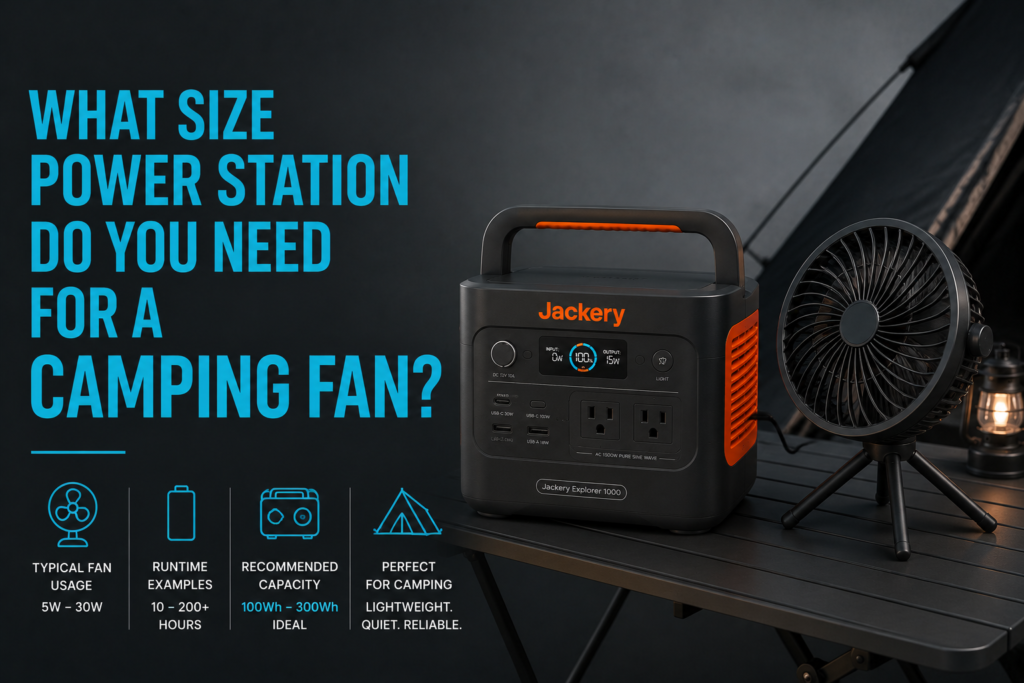 Portable camping fan powered by a portable power station at a campsite