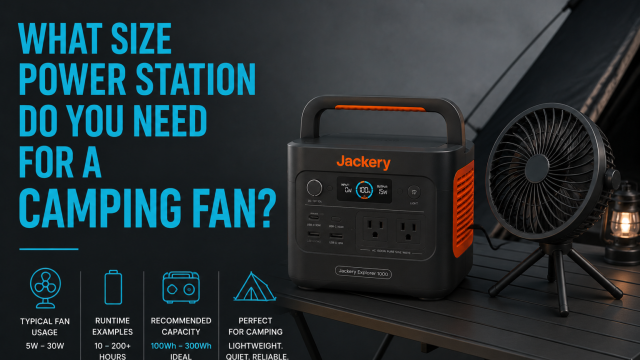 Portable camping fan powered by a portable power station at a campsite