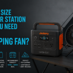 Portable camping fan powered by a portable power station at a campsite