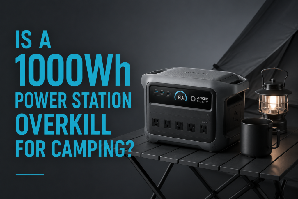 Camper using a 1000Wh portable power station at a remote campsite