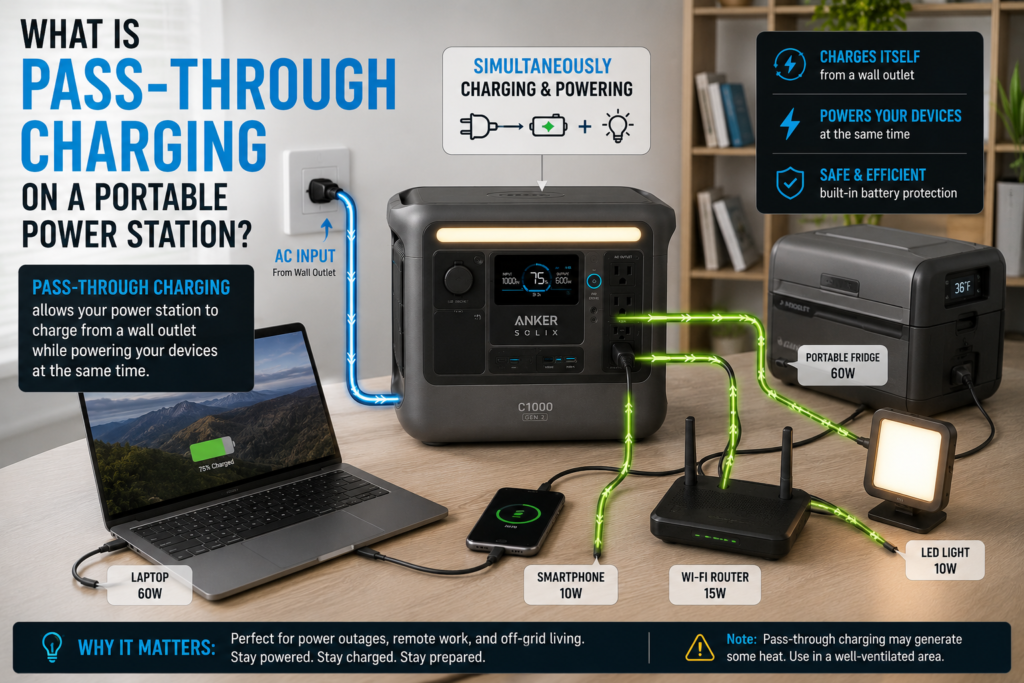Portable power station using pass-through charging while powering household devices