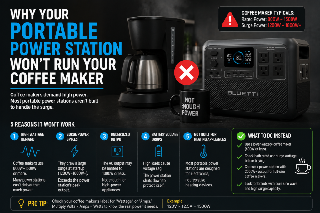 Portable power station connected to a coffee maker showing power usage on the display