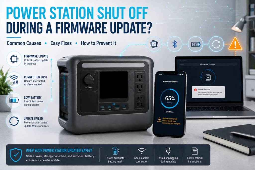 Portable power station connected to a smartphone app during a firmware update process