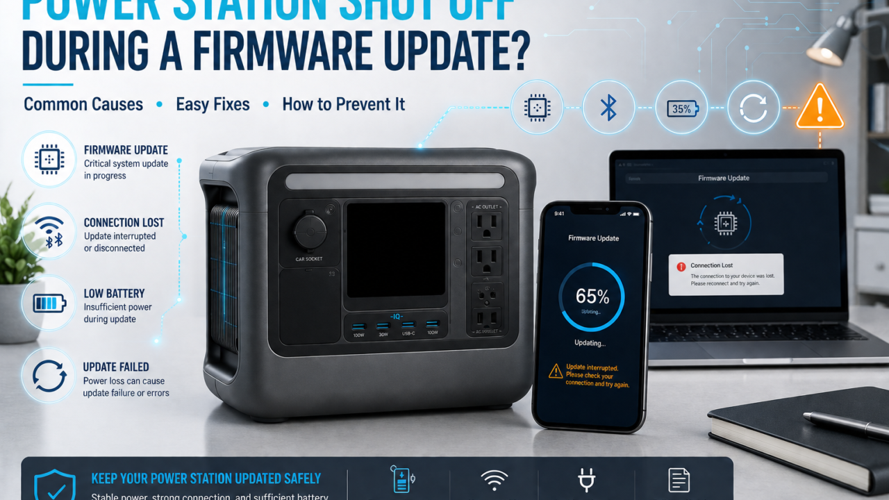 Portable power station connected to a smartphone app during a firmware update process
