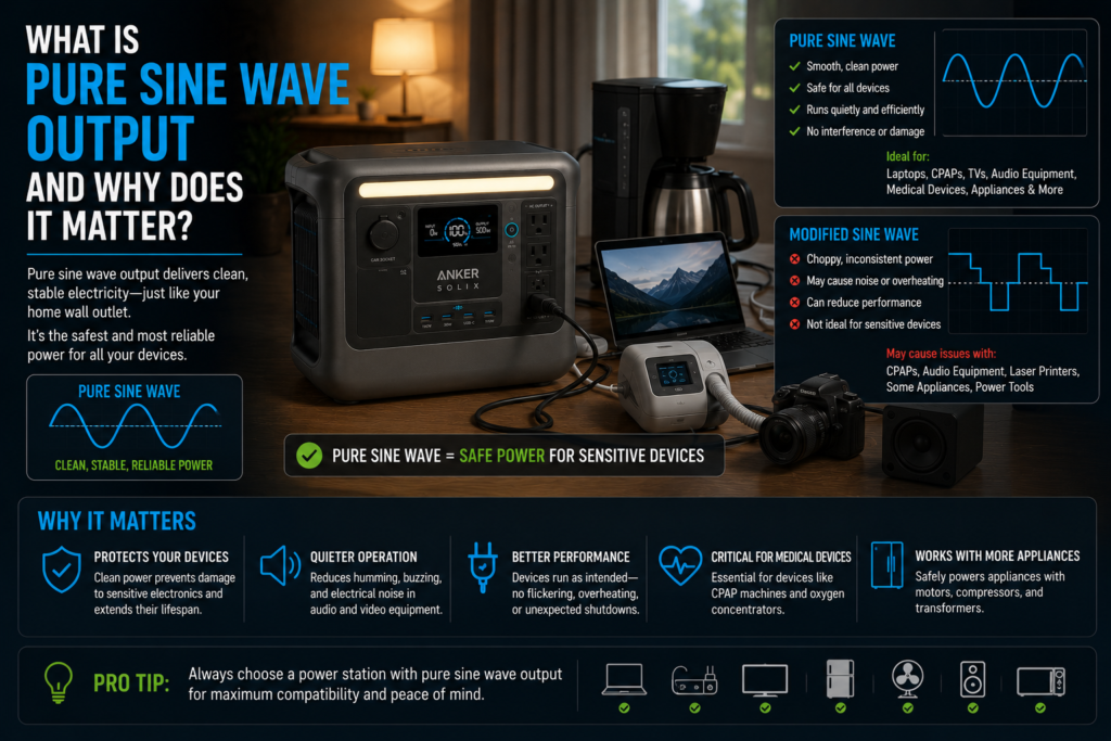 Portable power station with pure sine wave output powering a laptop, CPAP machine, refrigerator, and television safely during a power outage