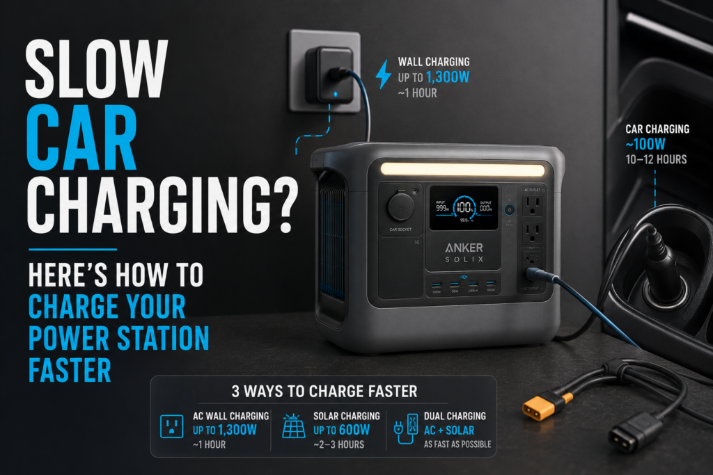 Portable power station charging from a car, AC outlet, and solar panel comparison