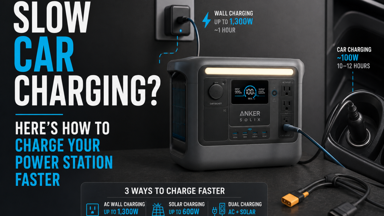 Portable power station charging from a car, AC outlet, and solar panel comparison