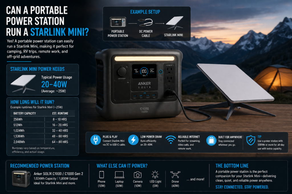 Starlink Mini connected to a portable power station while camping off-grid