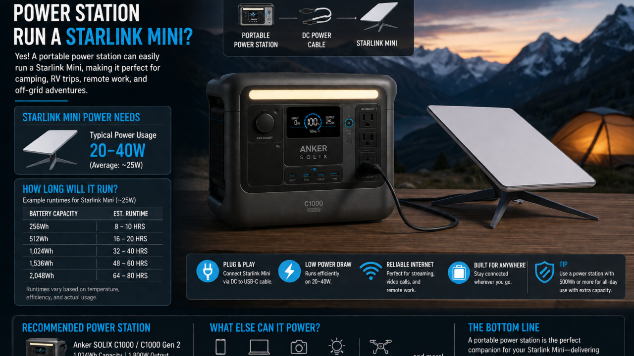Starlink Mini connected to a portable power station while camping off-grid