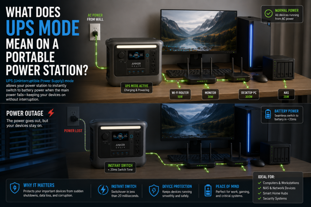 Portable power station operating in UPS mode during a home power outage