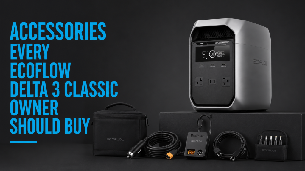 EcoFlow DELTA 3 Classic with solar panel, XT60i cable, storage bag, and charging accessories