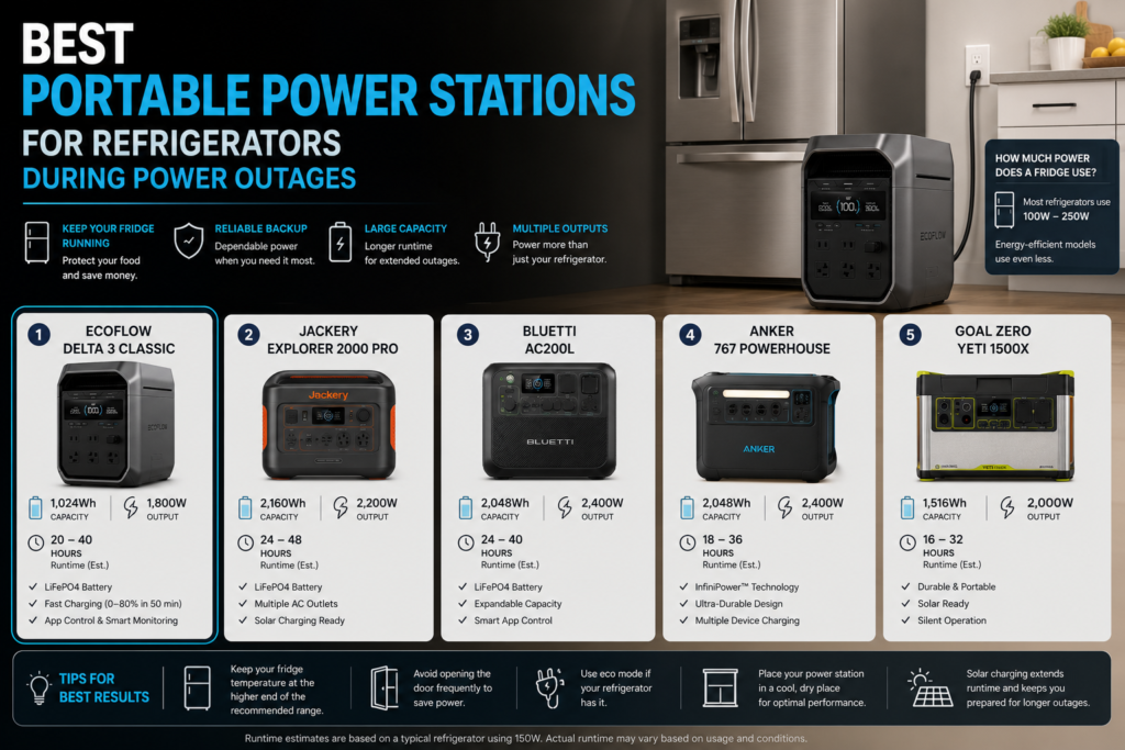 Portable power station keeping a household refrigerator running during a power outage