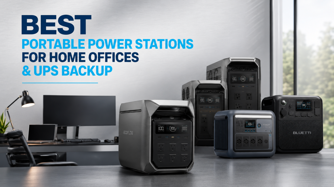 Portable power stations powering a home office during a power outage