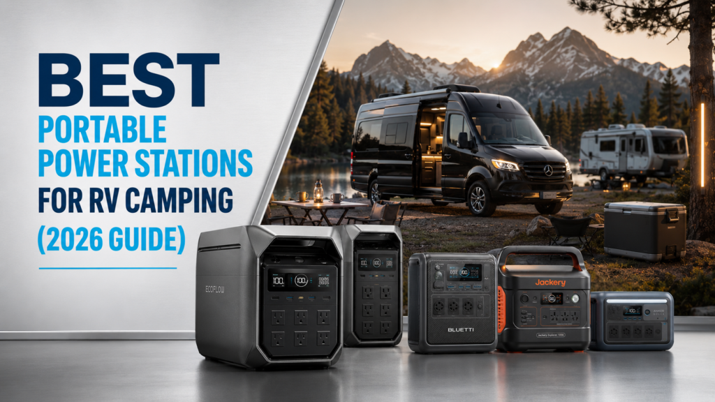 Portable power stations powering an RV campsite with solar panels outdoors