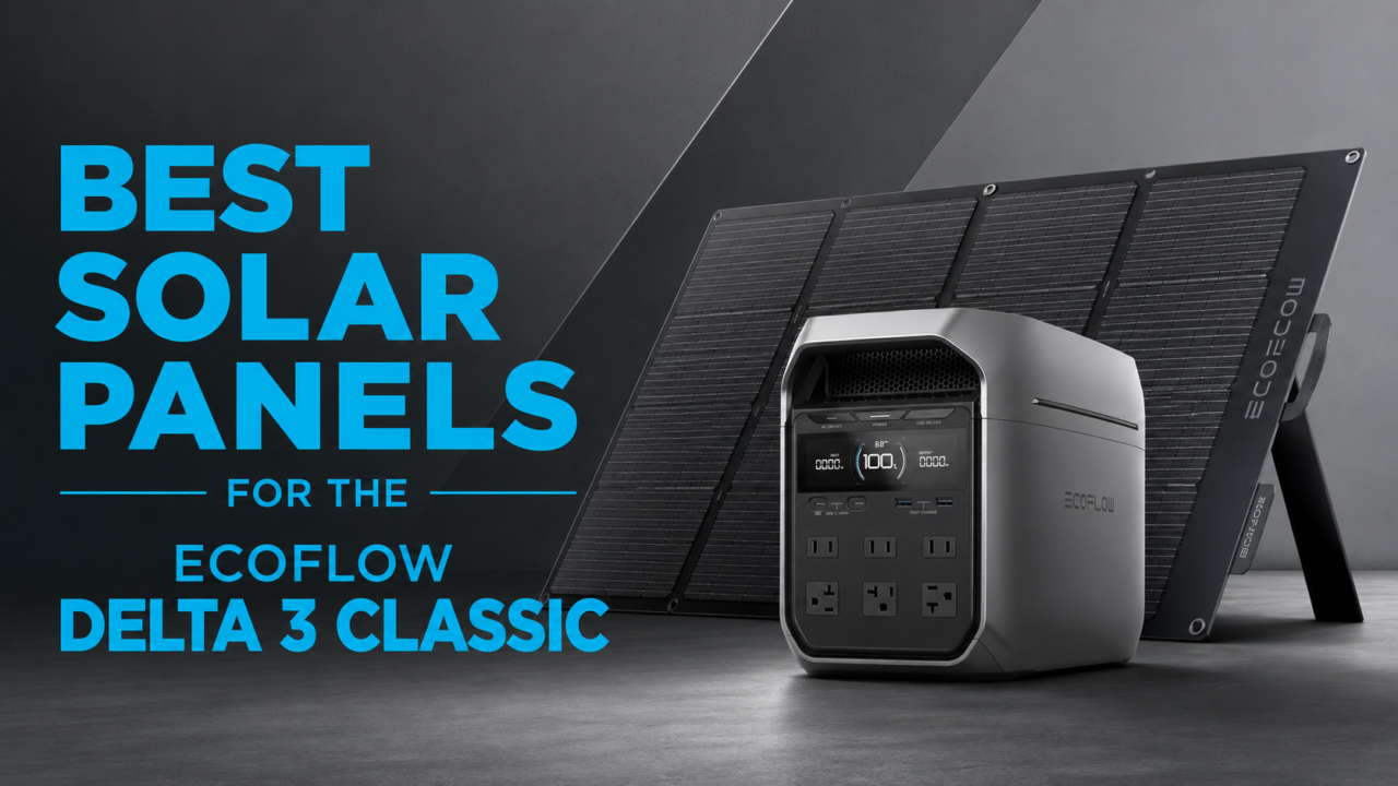 EcoFlow DELTA 3 Classic connected to portable solar panels while charging outdoors