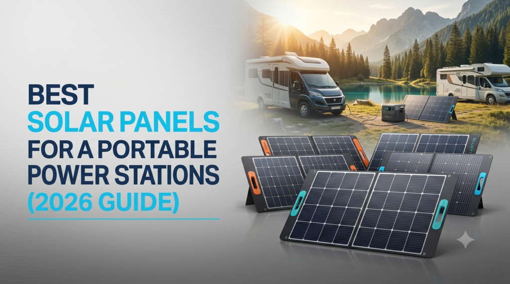 Foldable portable solar panels connected to a portable power station outdoors