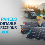 Foldable portable solar panels connected to a portable power station outdoors