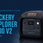 Weatherproof protective cover on a Jackery Explorer 1000 V2 used outdoors during camping