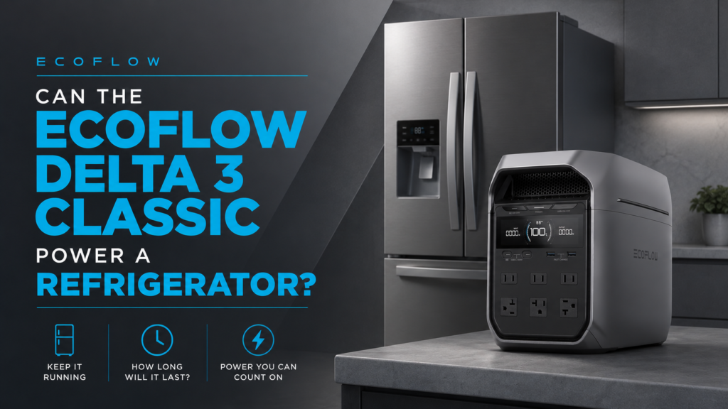 EcoFlow DELTA 3 Classic powering a household refrigerator during a power outage
