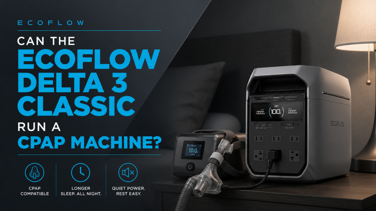 EcoFlow DELTA 3 Classic powering a CPAP machine during a power outage