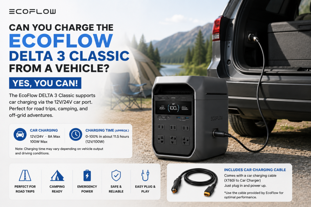 EcoFlow DELTA 3 Classic charging from a vehicle using a 12V car charging cable during a camping trip
