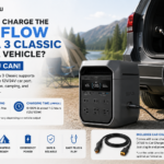 EcoFlow DELTA 3 Classic charging from a vehicle using a 12V car charging cable during a camping trip