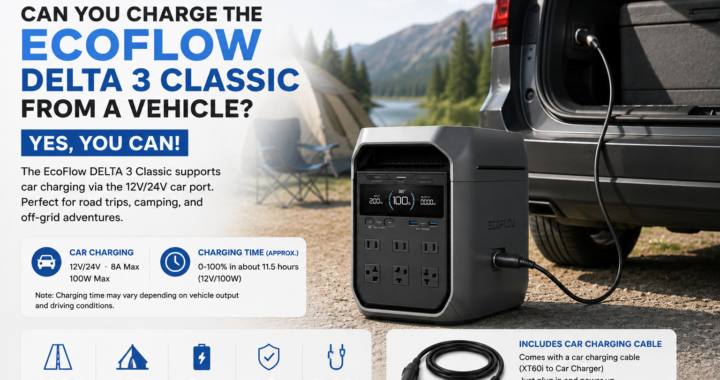 EcoFlow DELTA 3 Classic charging from a vehicle using a 12V car charging cable during a camping trip