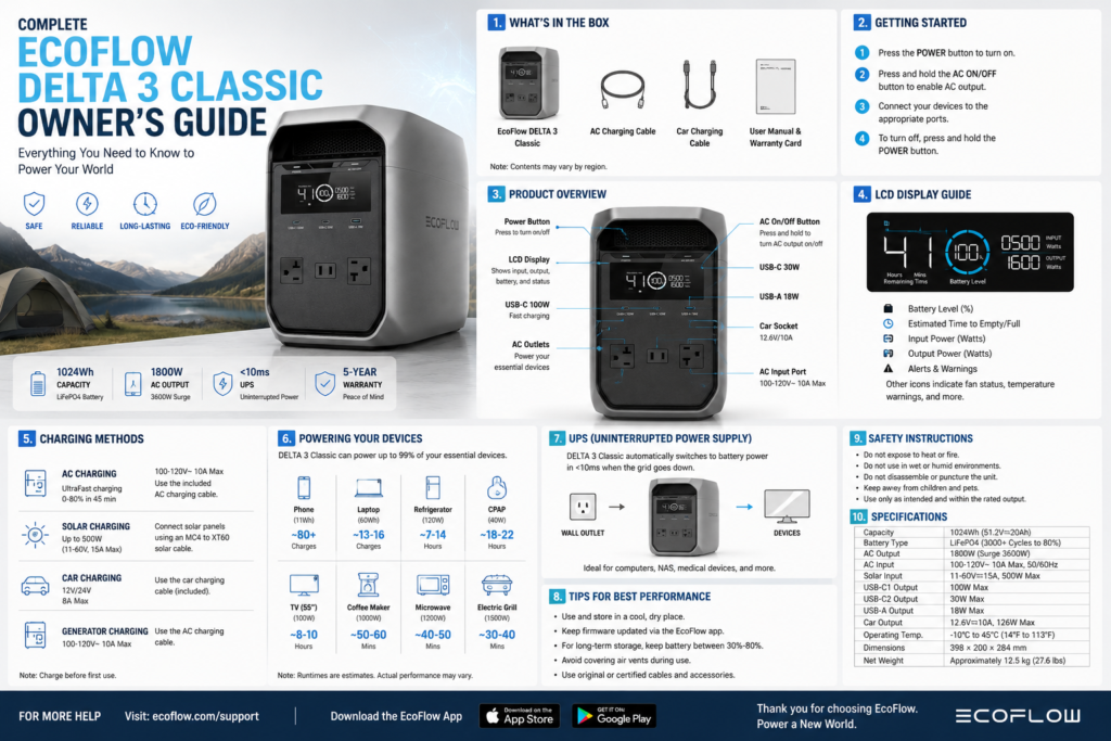EcoFlow DELTA 3 Classic portable power station powering household appliances during a power outage