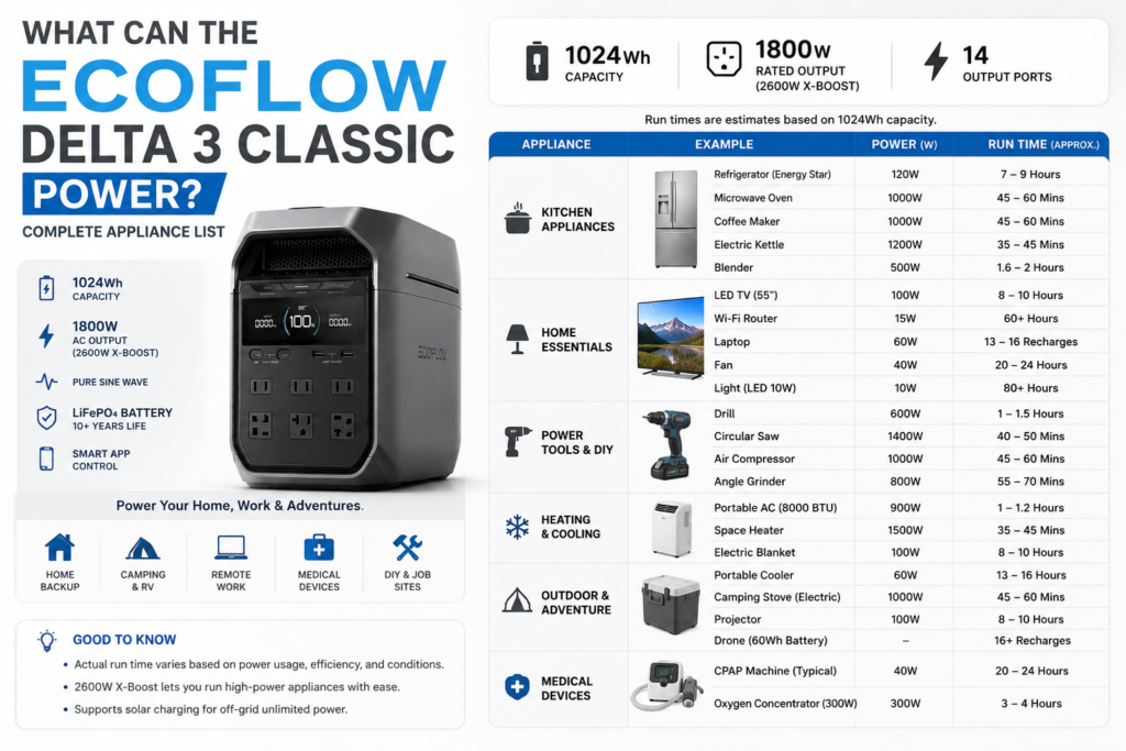 EcoFlow DELTA 3 Classic portable power station powering a refrigerator, laptop, lights, CPAP machine, and kitchen appliances during a power outage