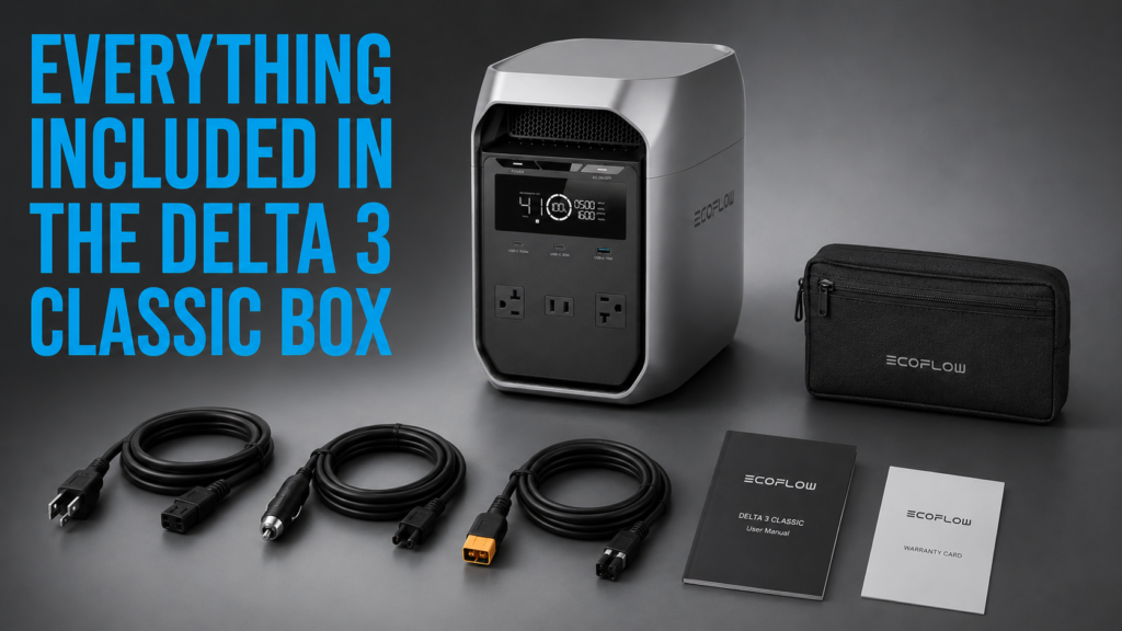 Everything included in the EcoFlow DELTA 3 Classic box with portable power station and accessories
