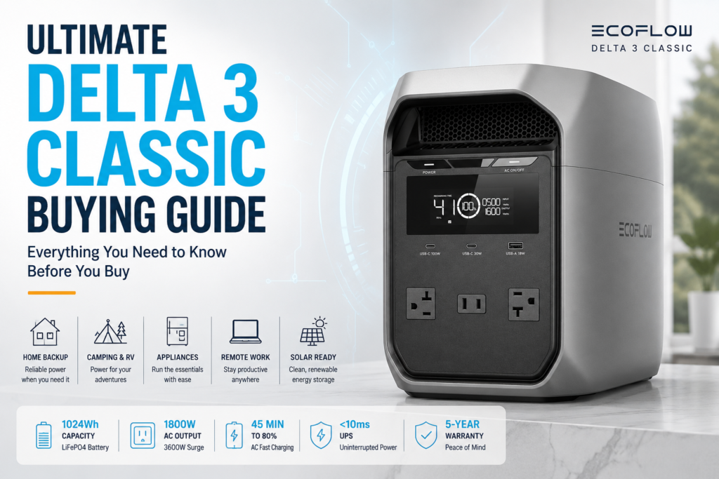 EcoFlow DELTA 3 Classic portable power station used for home backup and outdoor power