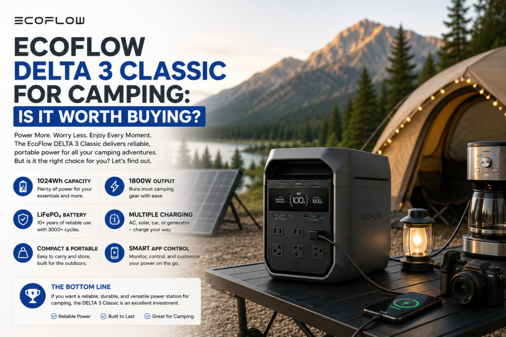 EcoFlow DELTA 3 Classic portable power station powering camping gear outdoors
