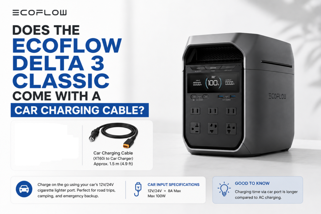 EcoFlow DELTA 3 Classic portable power station with a 12V car charging cable beside it