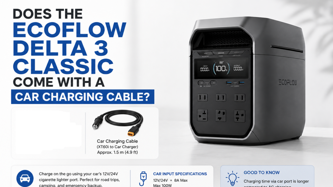 EcoFlow DELTA 3 Classic portable power station with a 12V car charging cable beside it