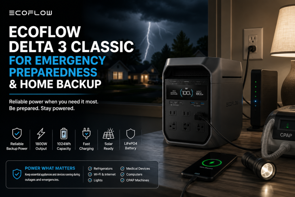 EcoFlow DELTA 3 Classic powering essential home appliances during a power outage