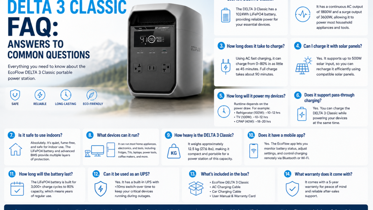 EcoFlow DELTA 3 Classic portable power station answering common questions about runtime, UPS mode, solar charging, and home backup.
