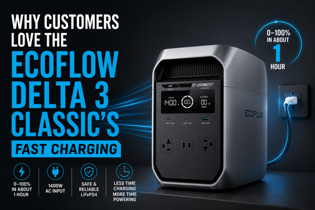 EcoFlow DELTA 3 Classic portable power station charging quickly at home during a power outage
