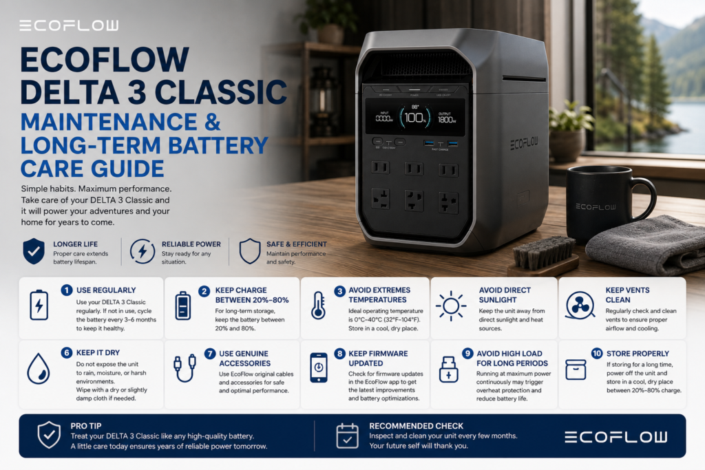EcoFlow DELTA 3 Classic portable power station being cleaned and maintained for long-term LiFePO4 battery health
