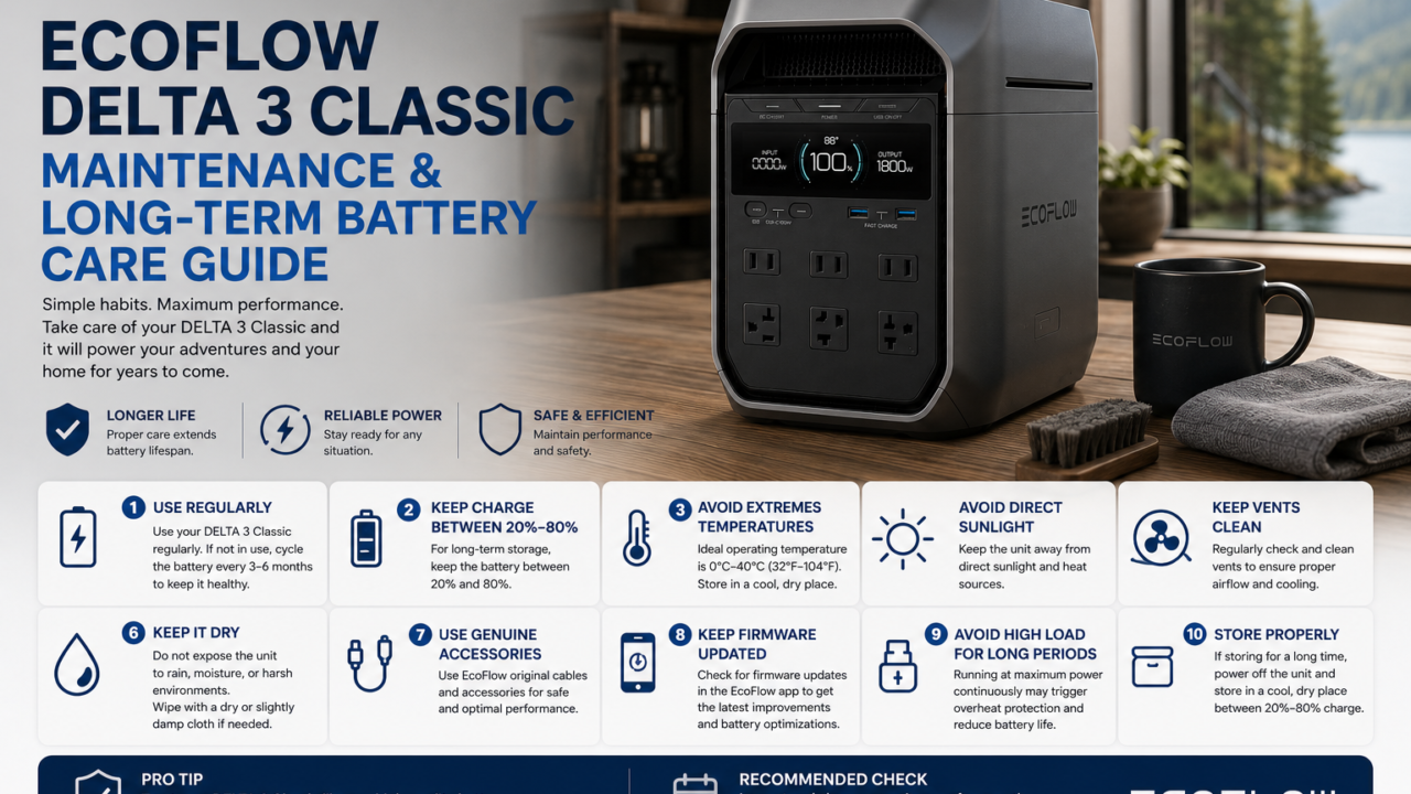 EcoFlow DELTA 3 Classic portable power station being cleaned and maintained for long-term LiFePO4 battery health