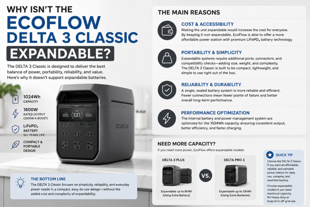 EcoFlow DELTA 3 Classic portable power station with explanation of its non-expandable battery design