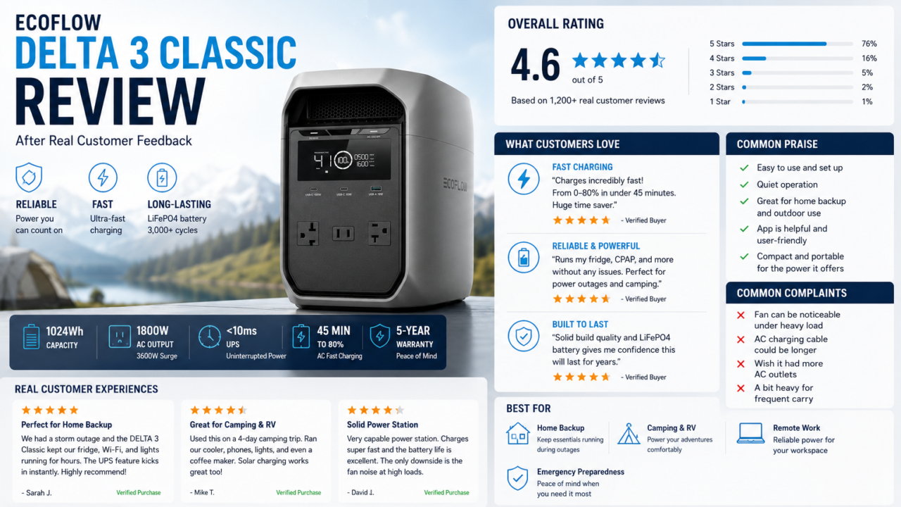 EcoFlow DELTA 3 Classic portable power station used for home backup during a power outage