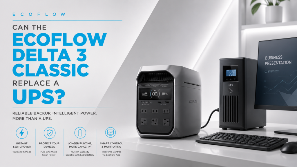 EcoFlow DELTA 3 Classic powering a desktop computer and Wi-Fi router during a home power outage