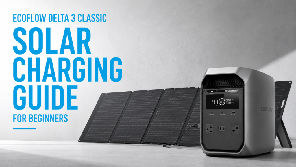 EcoFlow DELTA 3 Classic connected to a portable solar panel outdoors for off-grid charging